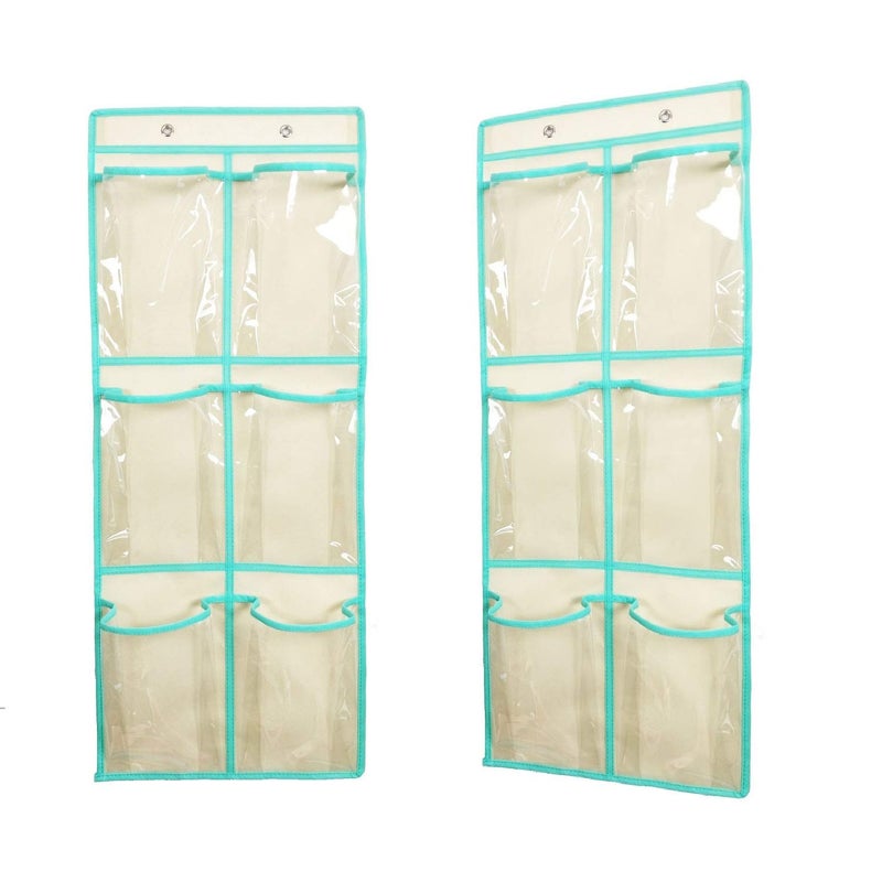 ANIZER Over The Door Hanging Shoe Organizer Narrow Closet Door Shoe Storage 6 Large Clear Pockets Chart 2 Pack (BEIGE) - Image 1